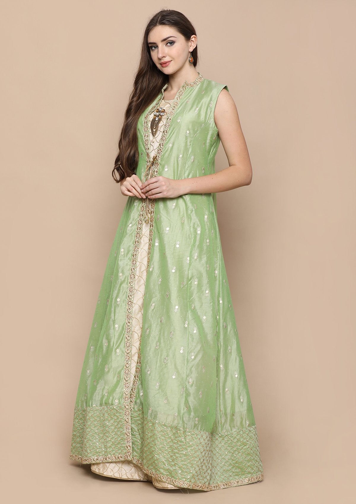 Cream Zari Work Indo-Western Designer gown-Koskii