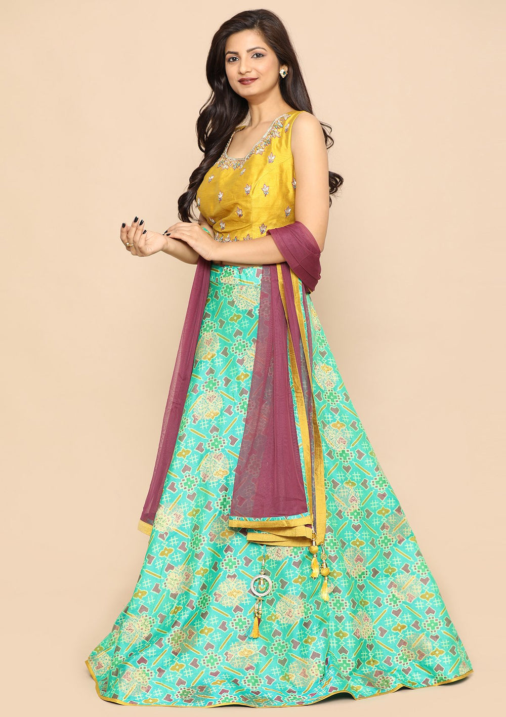 Green Thread Work Silk Designer Lehenga-Koskii