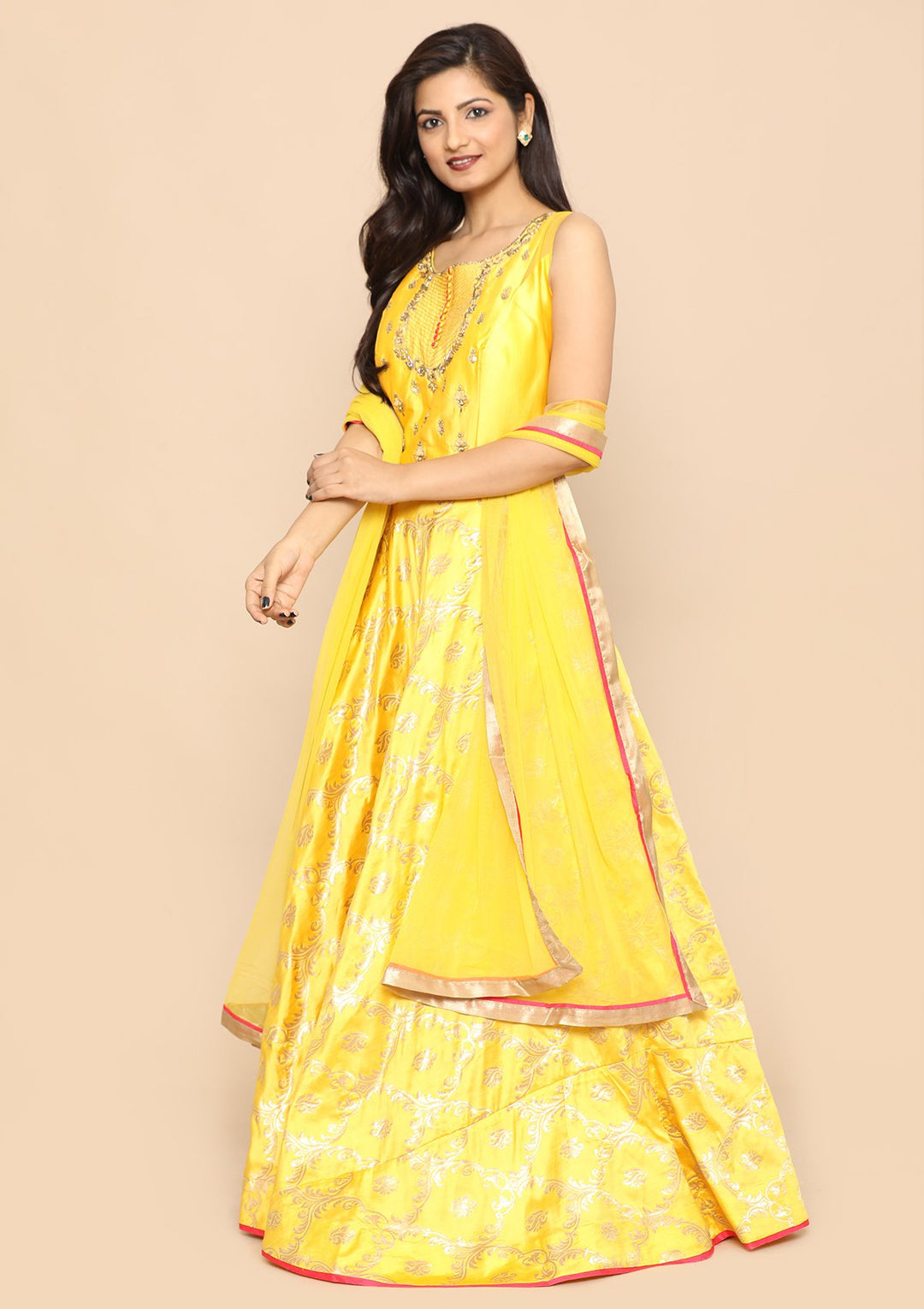 Yellow Zari Work Silk Designer Gown-Koskii