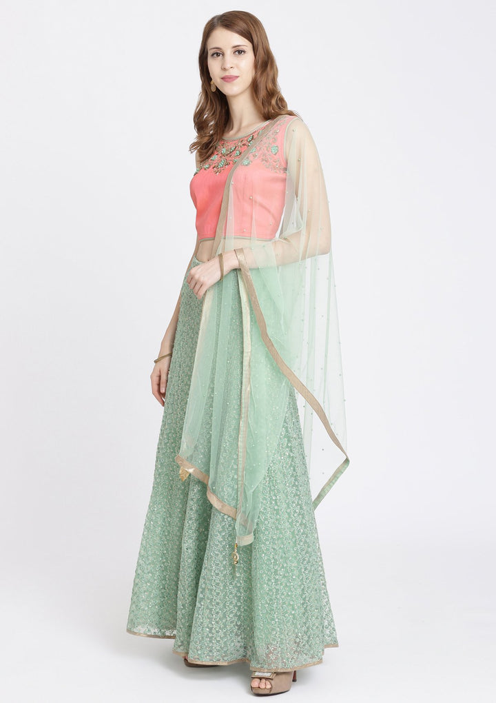 Pista Green Cutdana Net Designer Lehenga-Koskii