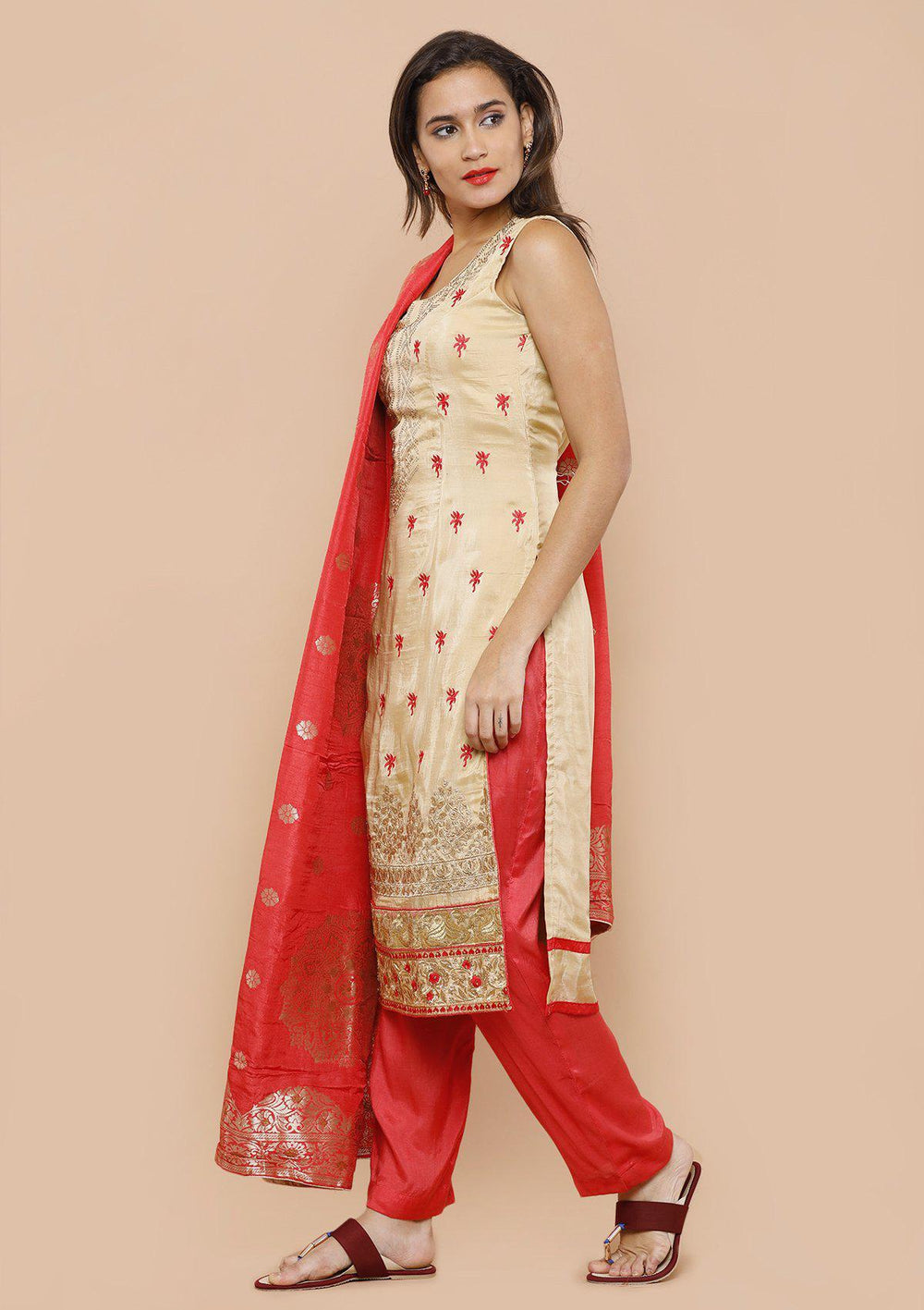 Beige and Red Silk Designer Salwar Suit-Koskii