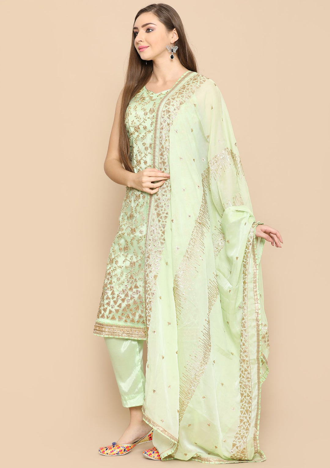 pista green and gold designer salwar suit-Koskii