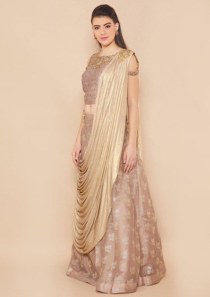 Koskii Stonework Rawsilk TAUPE Lehenga-Koskii