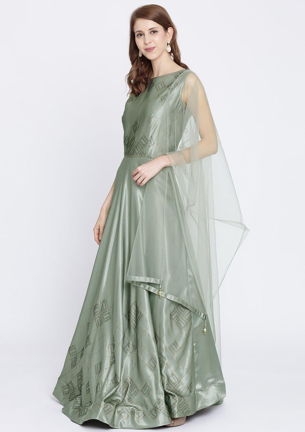 Dark Grey Swarovski Taffeta Silk Designer Gown-Koskii