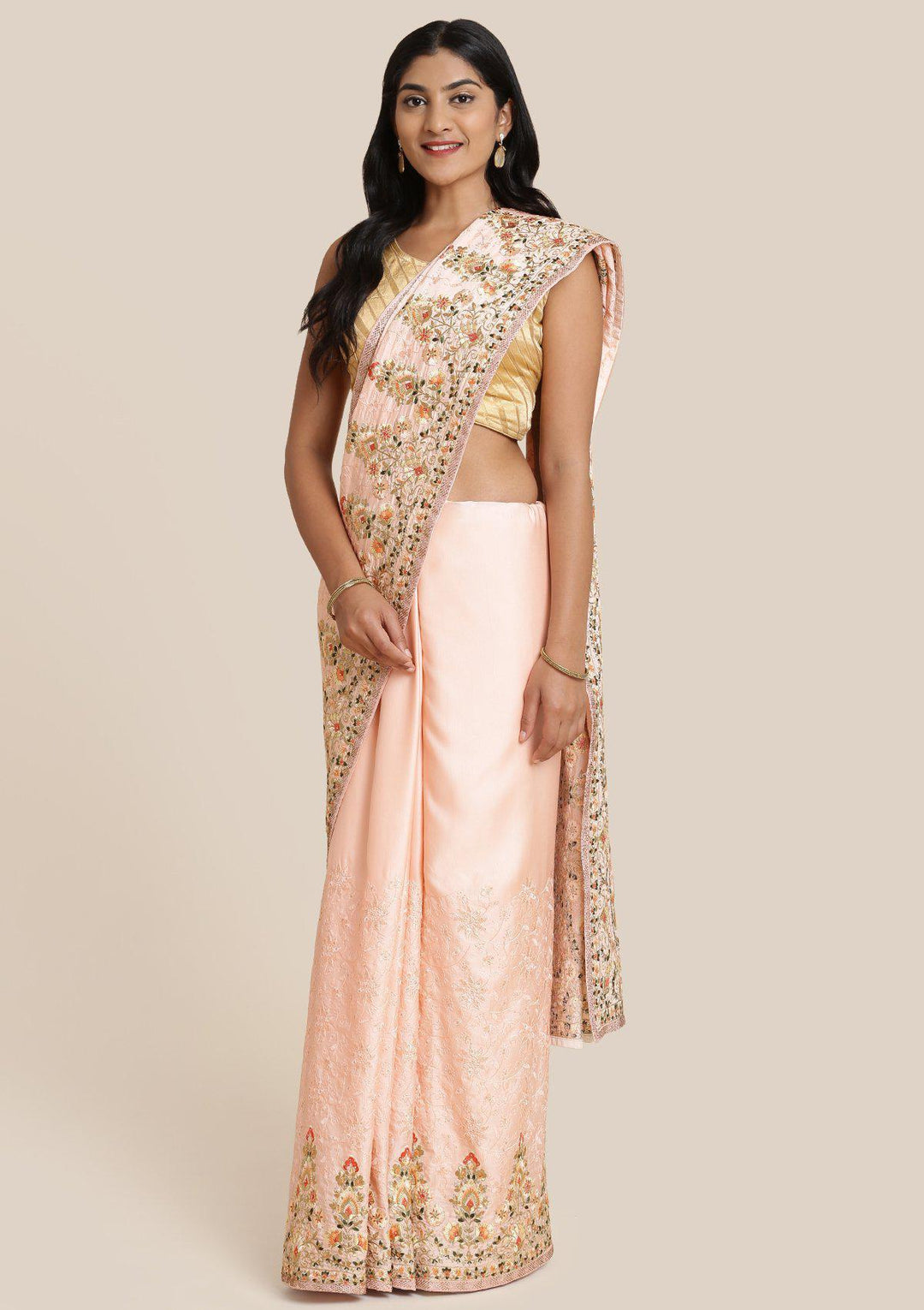 Baby Pink Threadwork Art Silk Designer Saree-Koskii