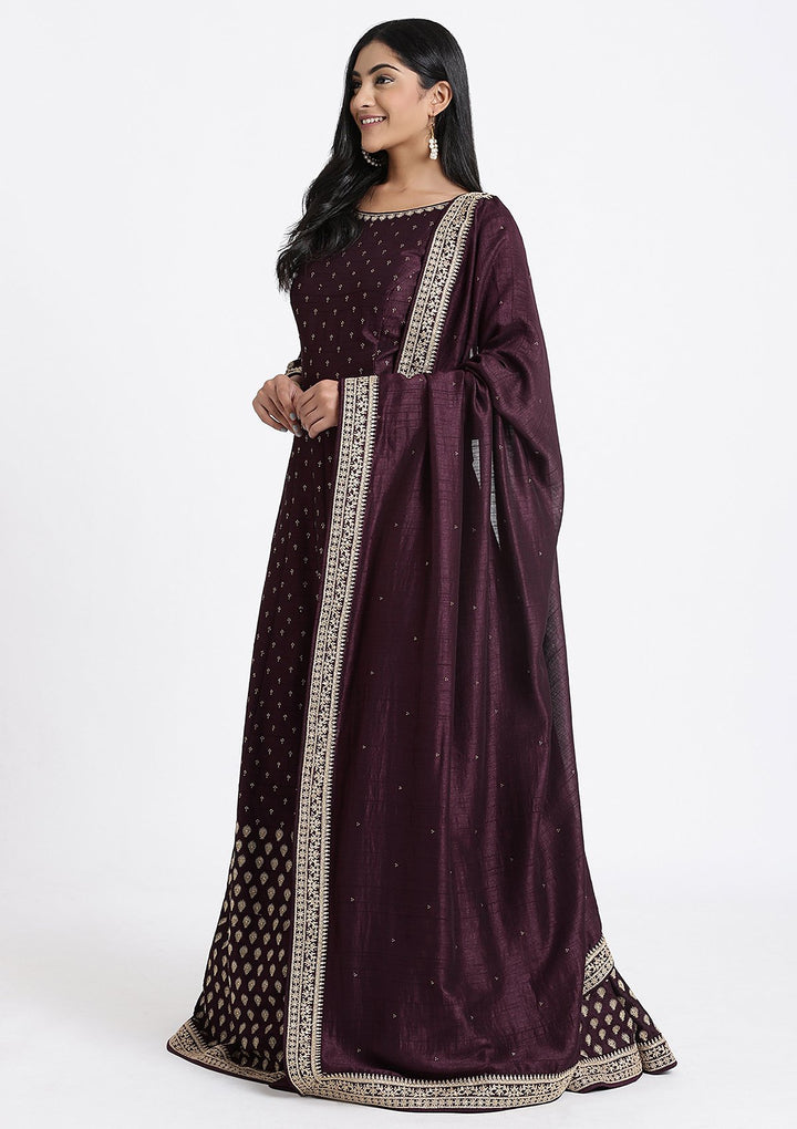 Wine Zariwork Rawsilk Designer Gown-Koskii