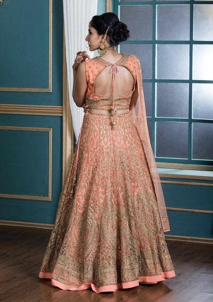 Peach Embellished Net Designer Lehenga-Koskii