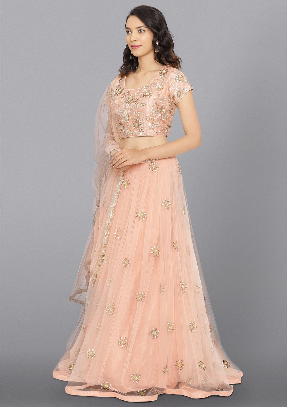 Peach Gotapatti Net Designer Lehenga-Koskii