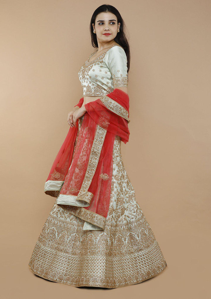 koskii green and gold silk bridal lehenga-Koskii