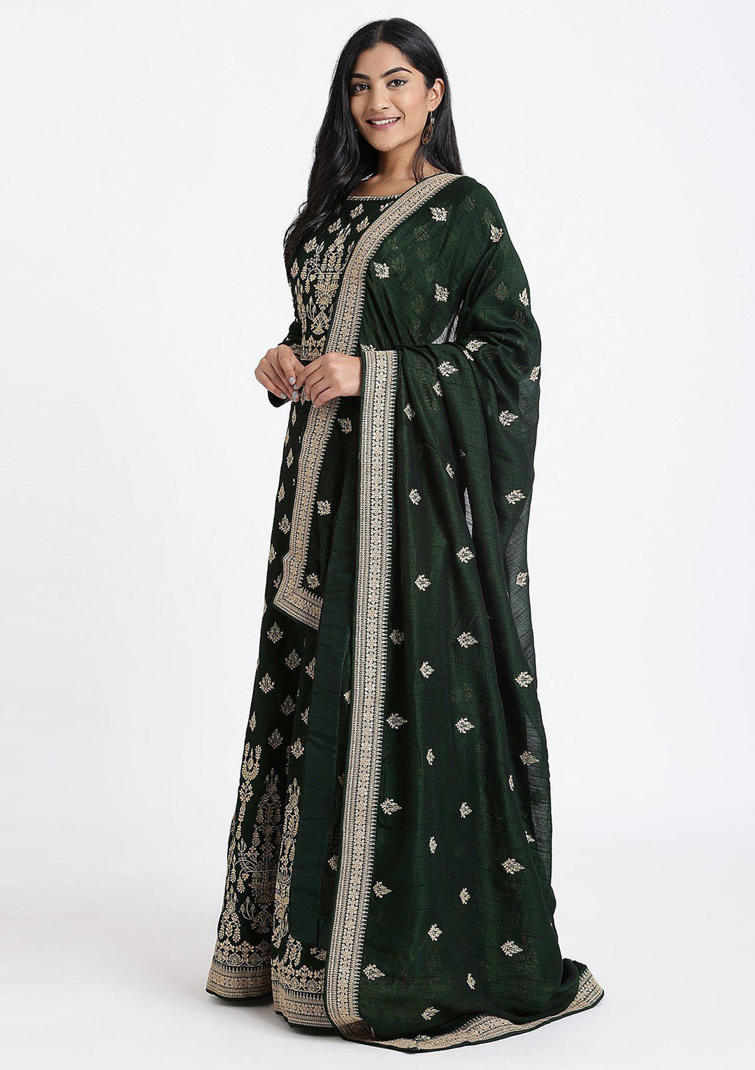 Bottle Green Zariwork Raw Silk Designer Gown-Koskii