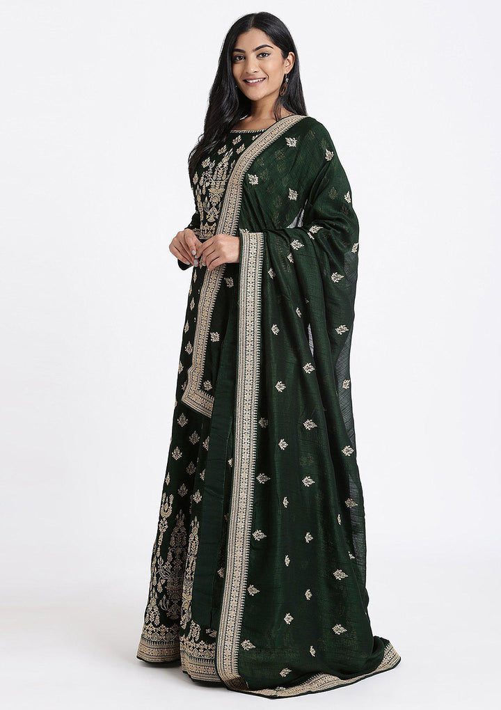 Bottle Green Zariwork Raw Silk Designer Gown-Koskii