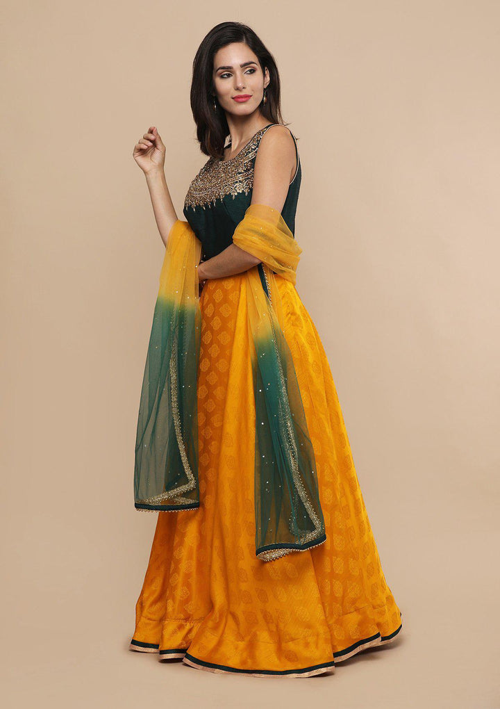 Koskii Green and Yellow Brocade Gown-Koskii