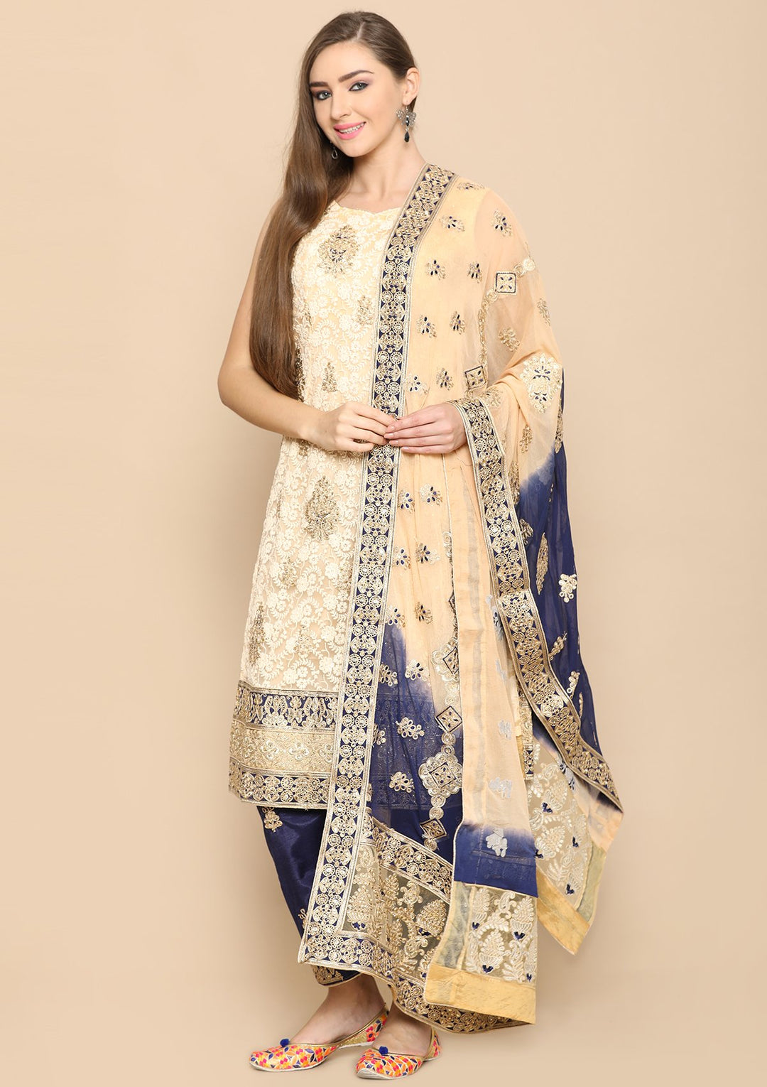 Beige and blue designer salwar suit-Koskii