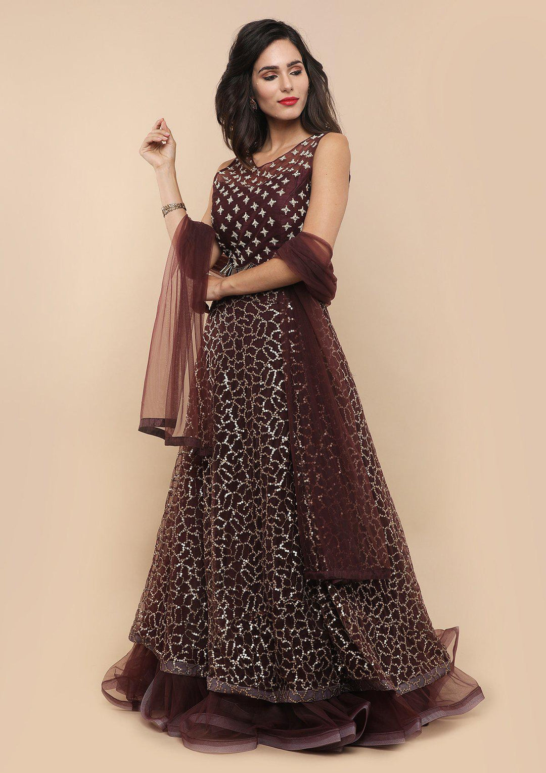 Wine Cutdana Raw Silk Designer Lehenga-Koskii