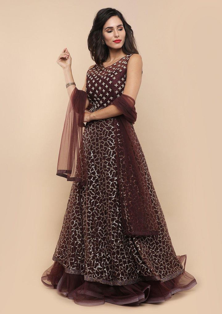 Wine Cutdana Raw Silk Designer Lehenga-Koskii
