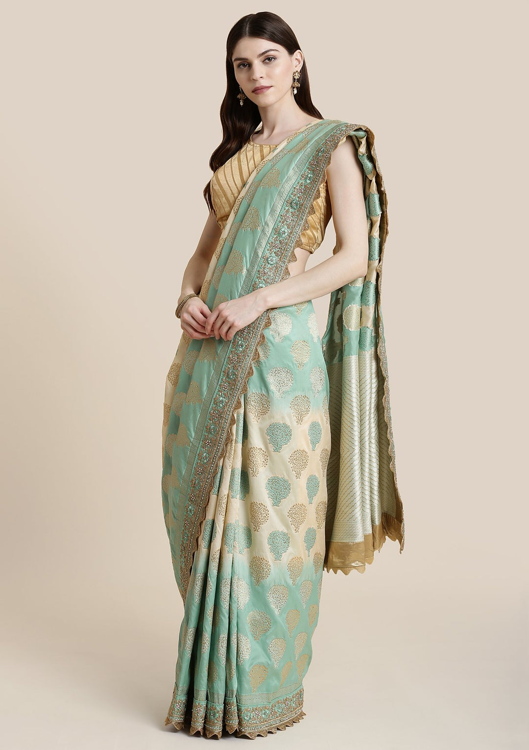 Sea Green Zariwork Brocade Designer Saree-Koskii