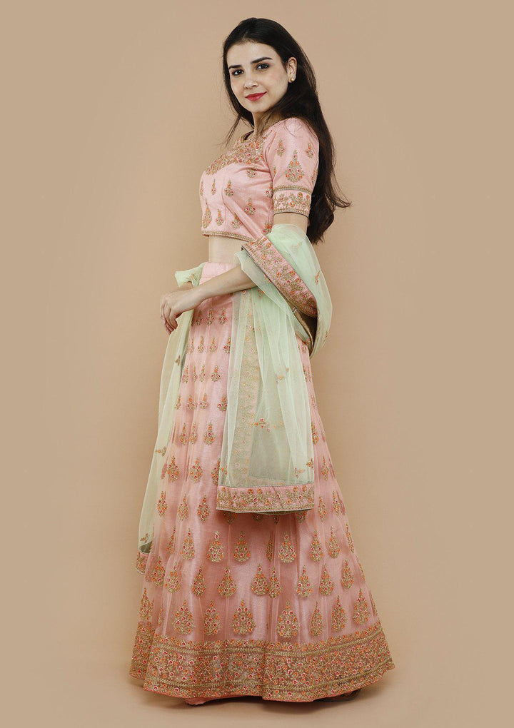 koskii pink net floral work lehenga-Koskii