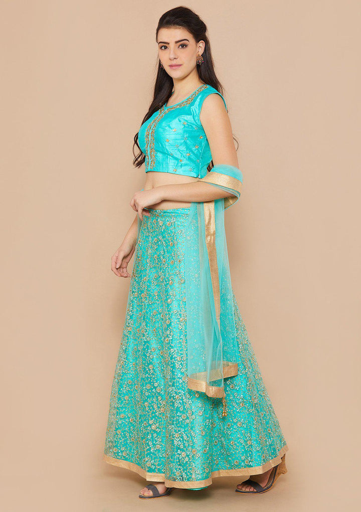 Cyan Sequinned Net Designer Lehenga-Koskii
