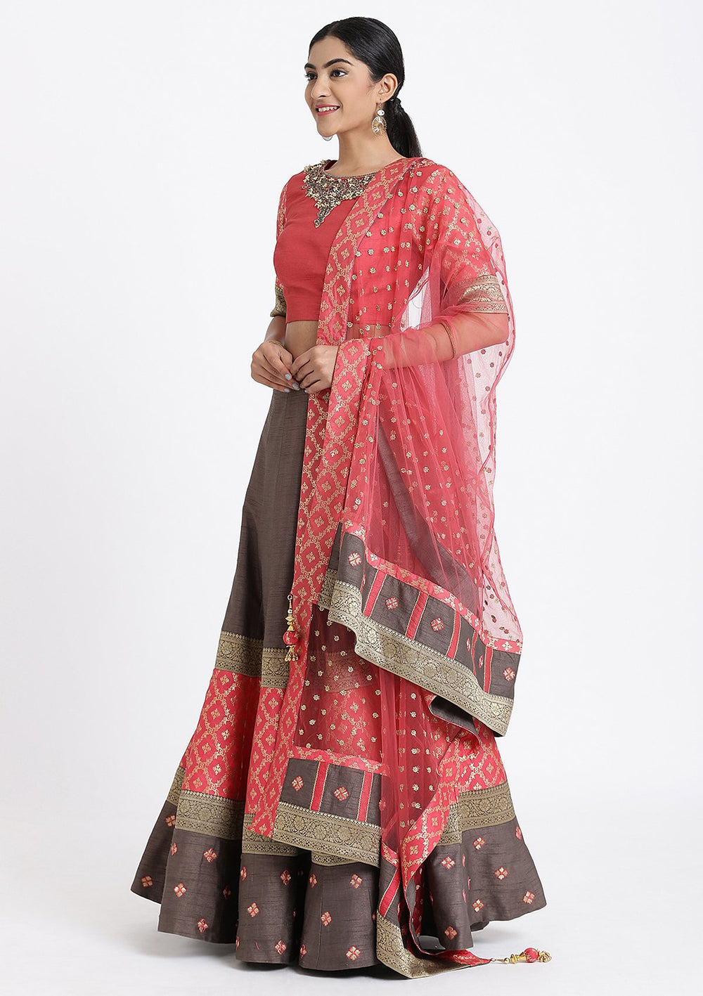 Grey and Pink Pearlwork Raw Silk Designer Lehenga-Koskii