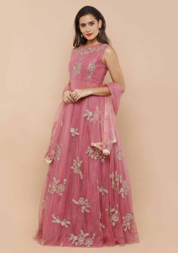 koskii dusty rose floral net gown-Koskii