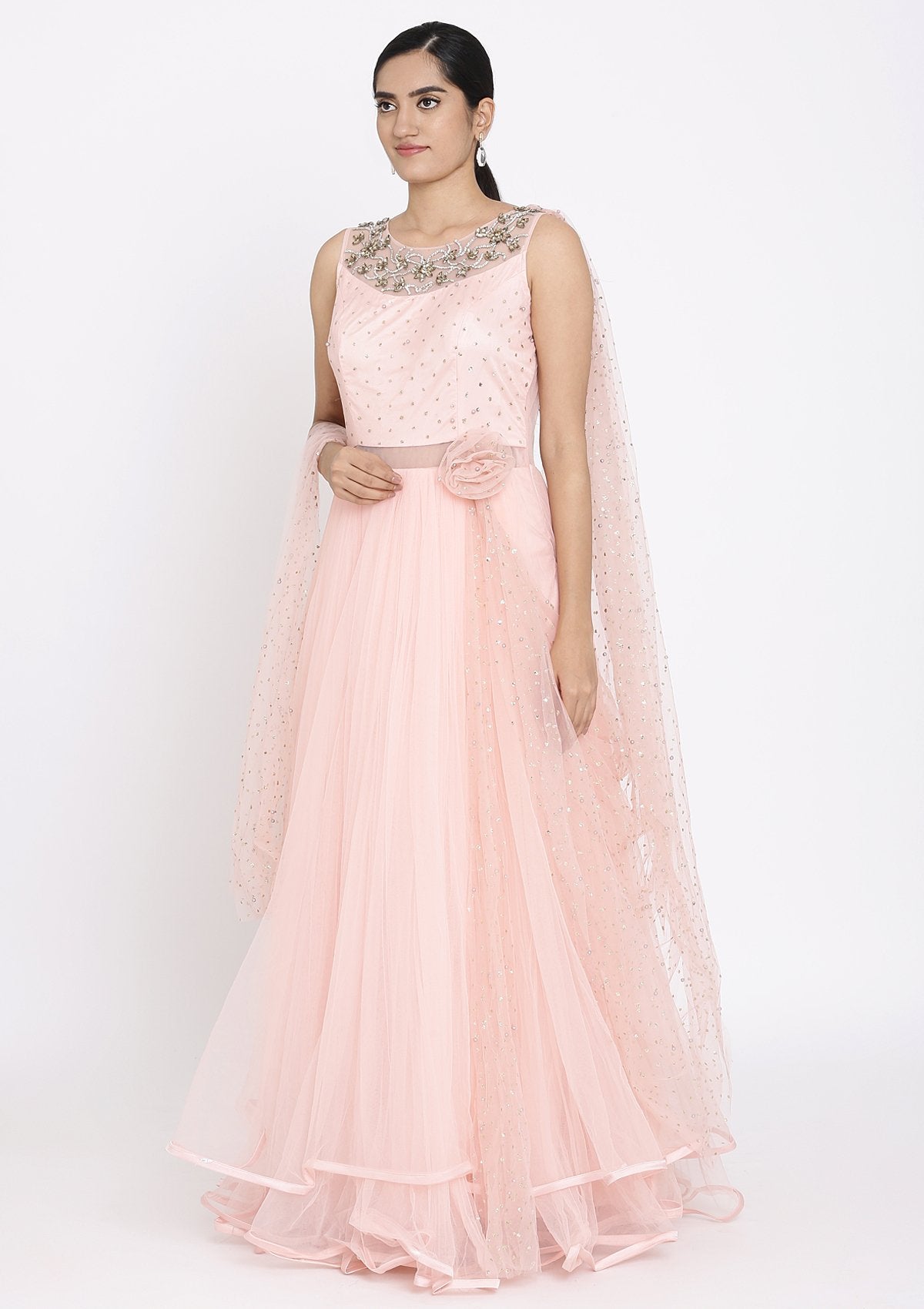 Baby Pink Stonework Net Designer Gown - koskii