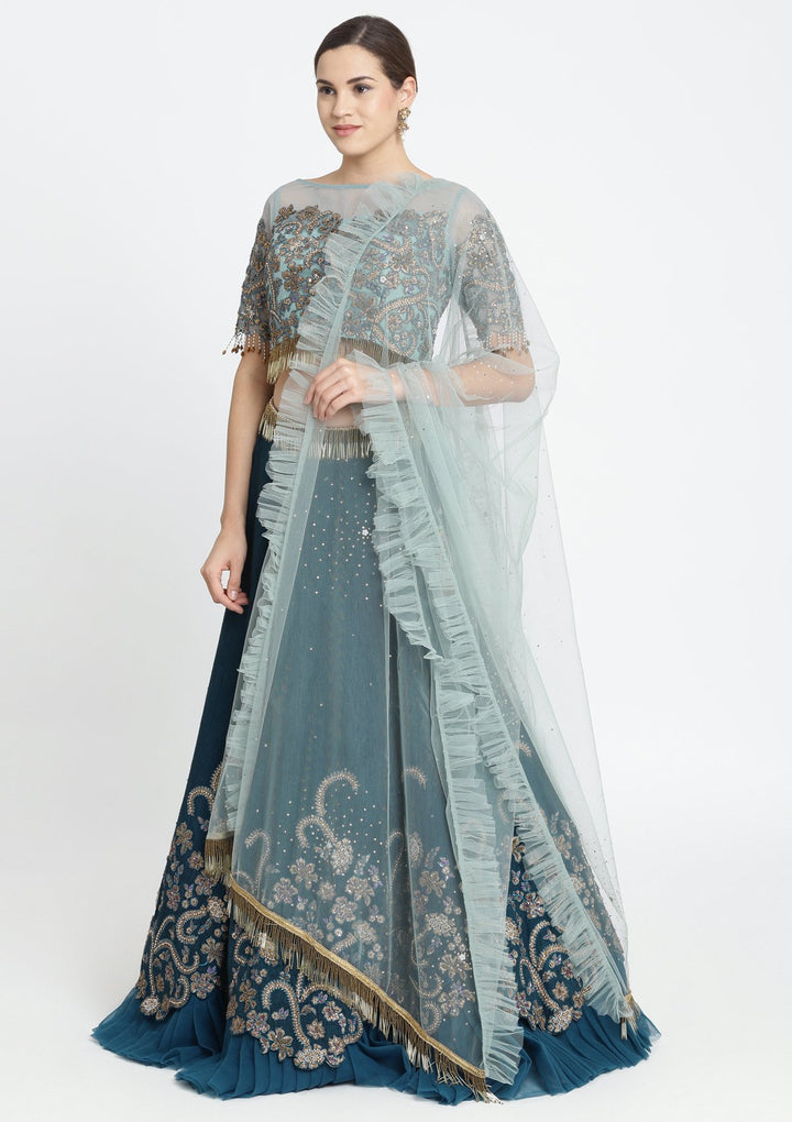 Peacock Blue Zariwork Raw Silk Designer Lehenga-Koskii