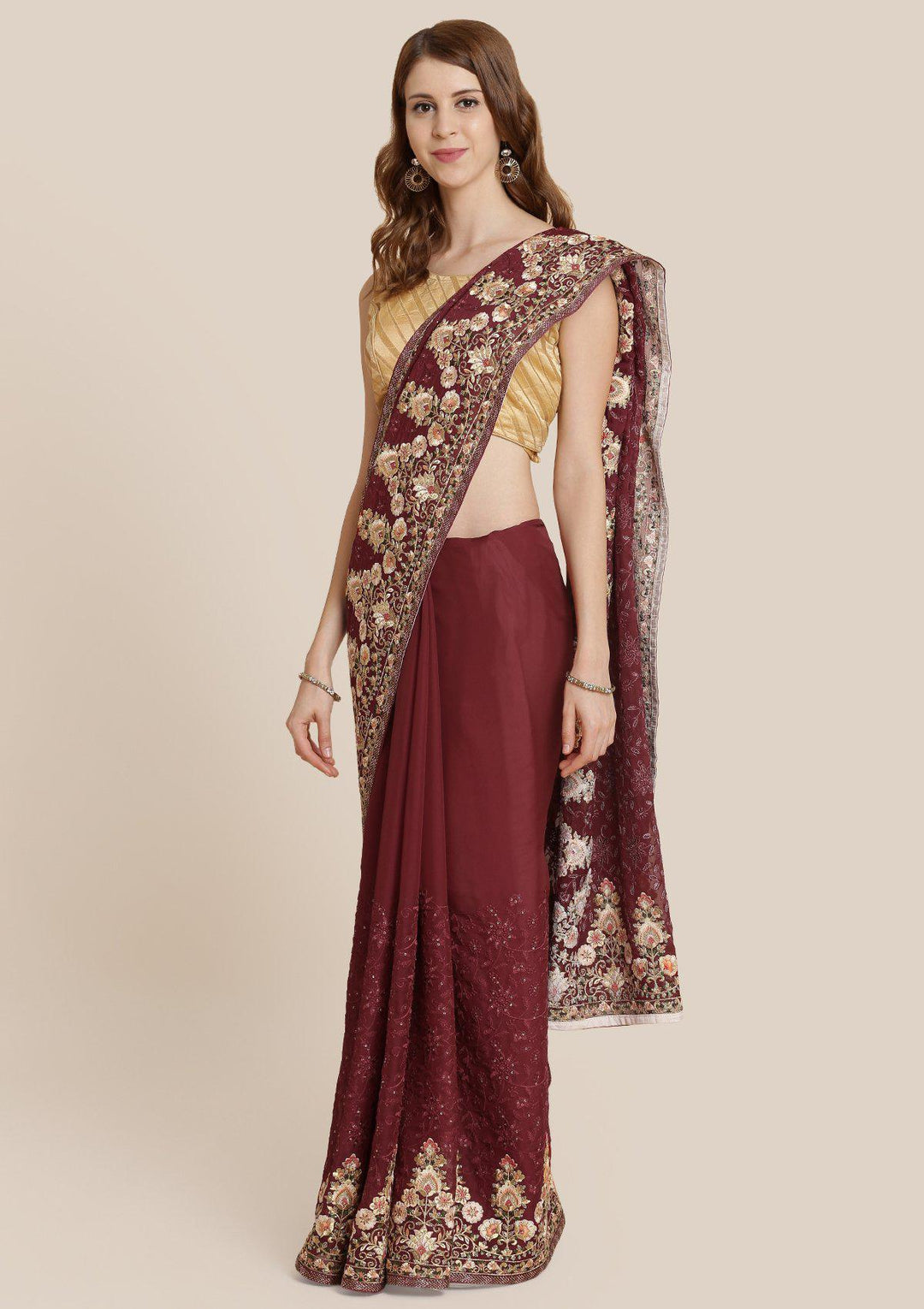 Maroon Threadwork Art Silk Designer Saree-Koskii