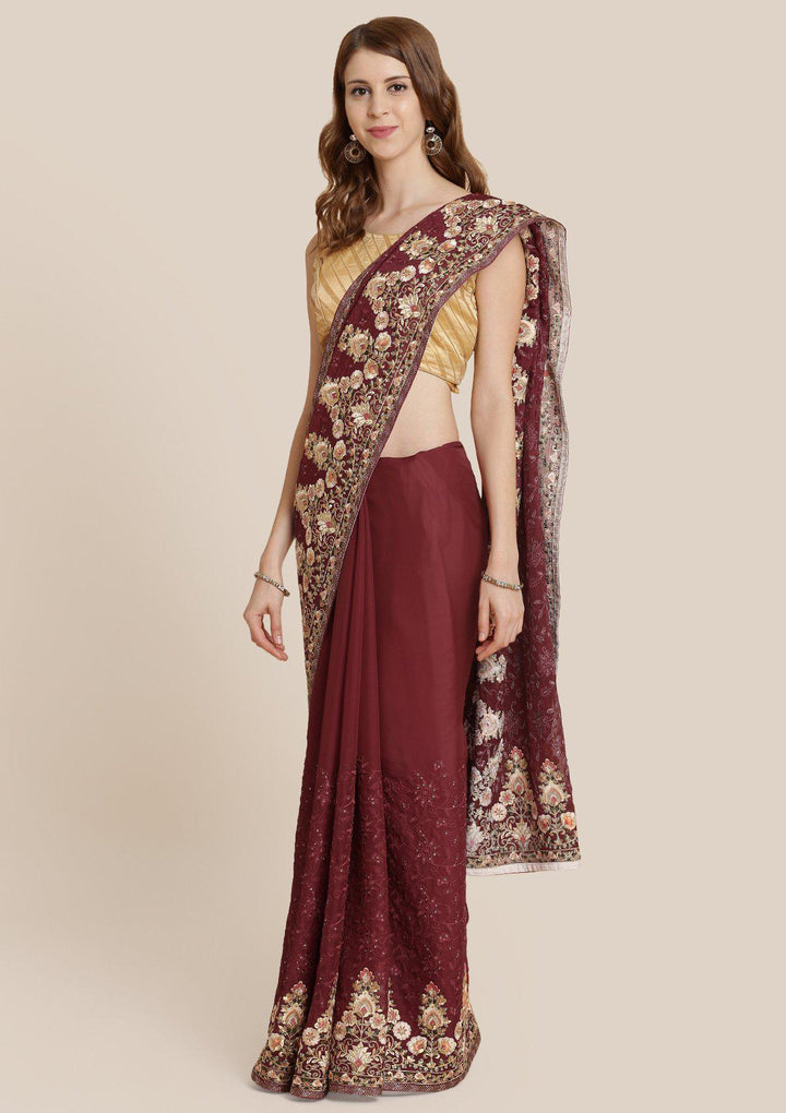 Maroon Threadwork Art Silk Designer Saree-Koskii