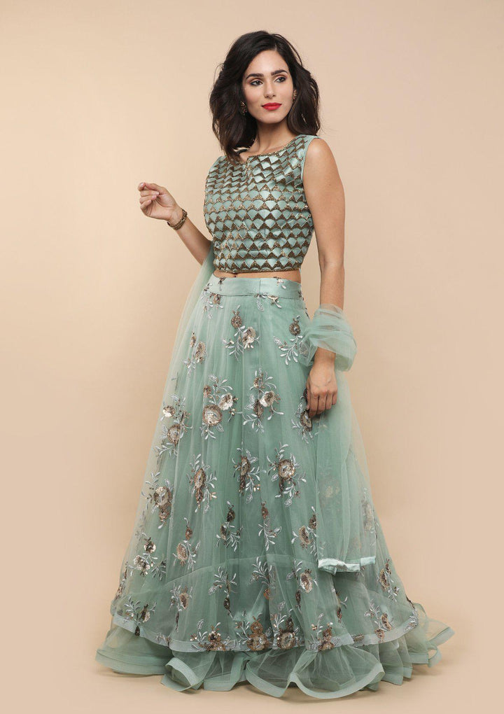 Sea Green Floral Net Designer Lehenga-Koskii