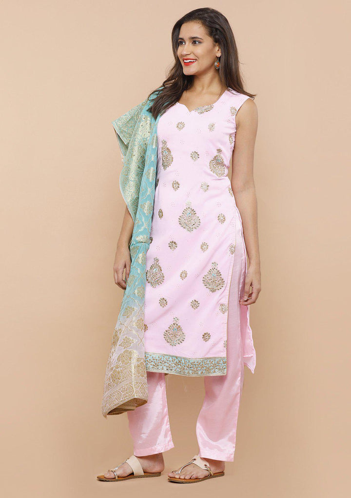 Pink and Blue Embellished Designer Salwar Suit-Koskii