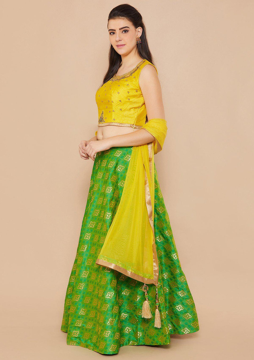 Koskii Stonework Rawsilk GREEN YELLOW Lehenga-Koskii