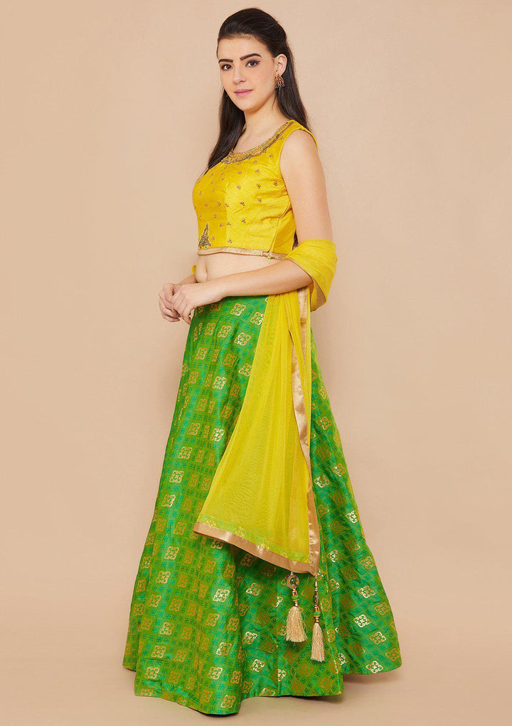 Koskii Stonework Rawsilk GREEN YELLOW Lehenga-Koskii