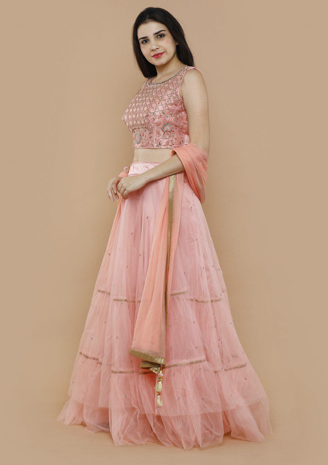 Pink Chequered Pearl Net Designer Lehenga-Koskii
