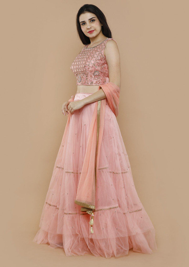 Pink Chequered Pearl Net Designer Lehenga-Koskii