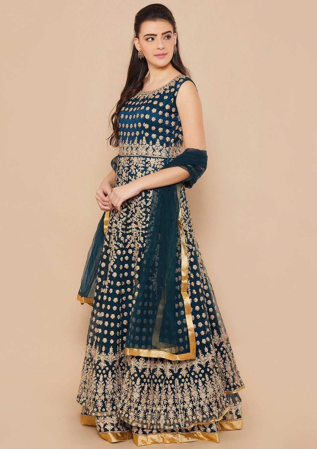Teal Zariwork Net Designer Gown-Koskii