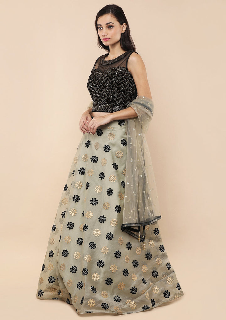 Teal Green Stone Work Velvet Designer Lehenga-Koskii