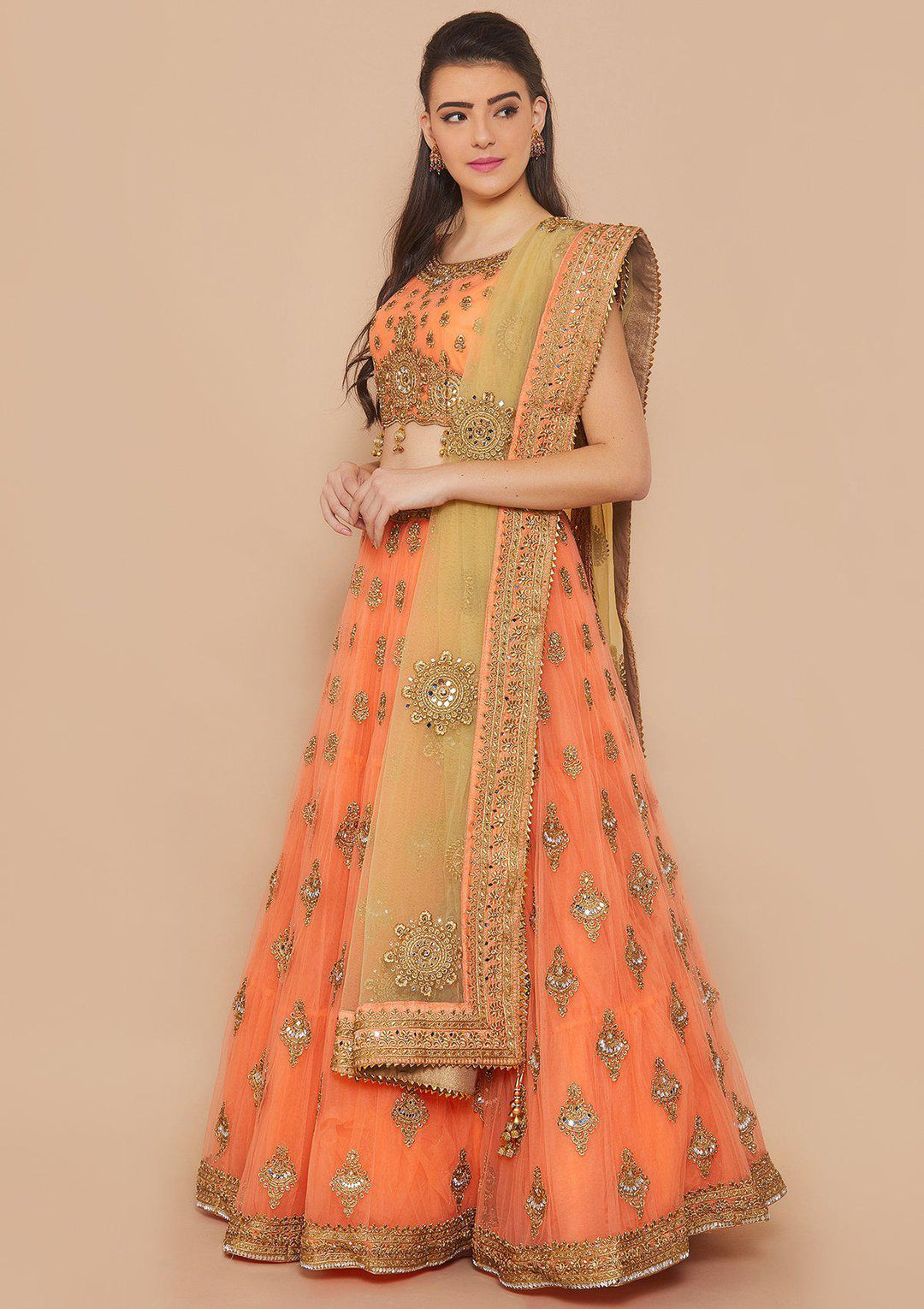 Koskii Zariwork Net PEACH Lehenga-Koskii