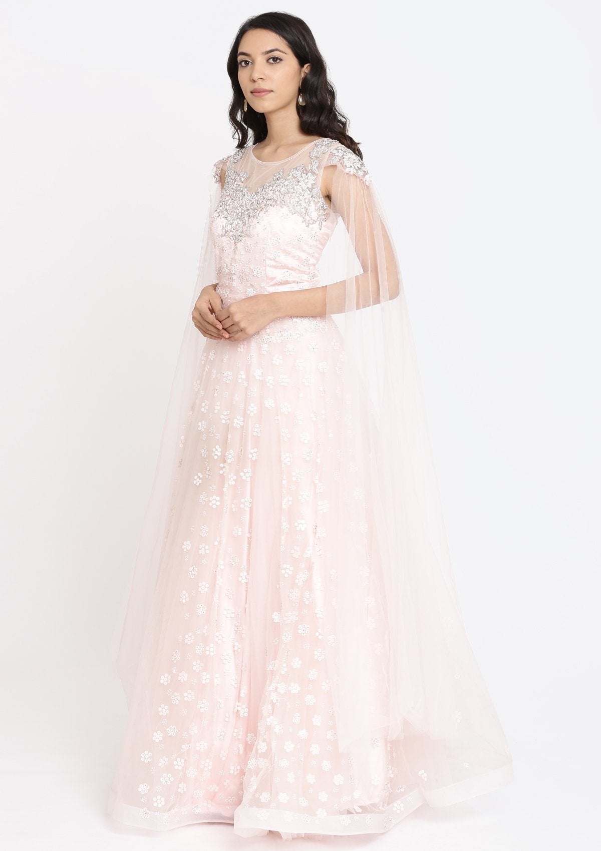 Baby Pink Sequins Net Designer Gown-Koskii