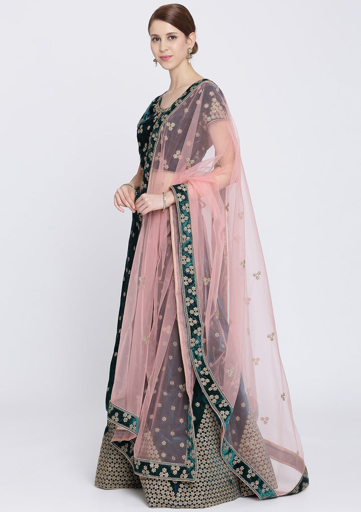 Pista Green Stonework Velvet Designer Lehenga-Koskii