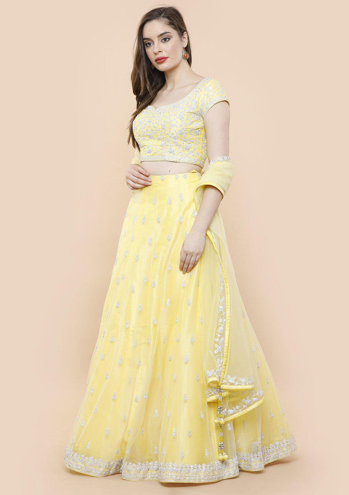 koskii lemon yellow thread work bridal lehenga-Koskii
