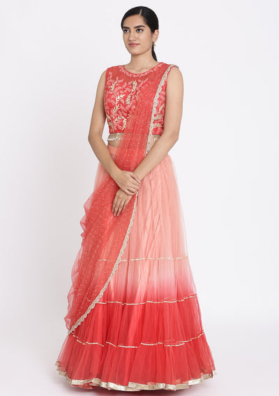 Red And Pink Threadwork Net Designer Lehenga - koskii