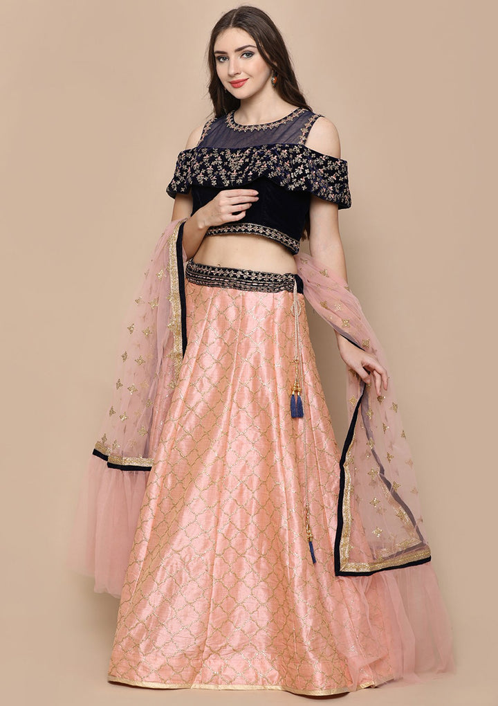 Pink Thread Work Velvet Designer Lehenga-Koskii
