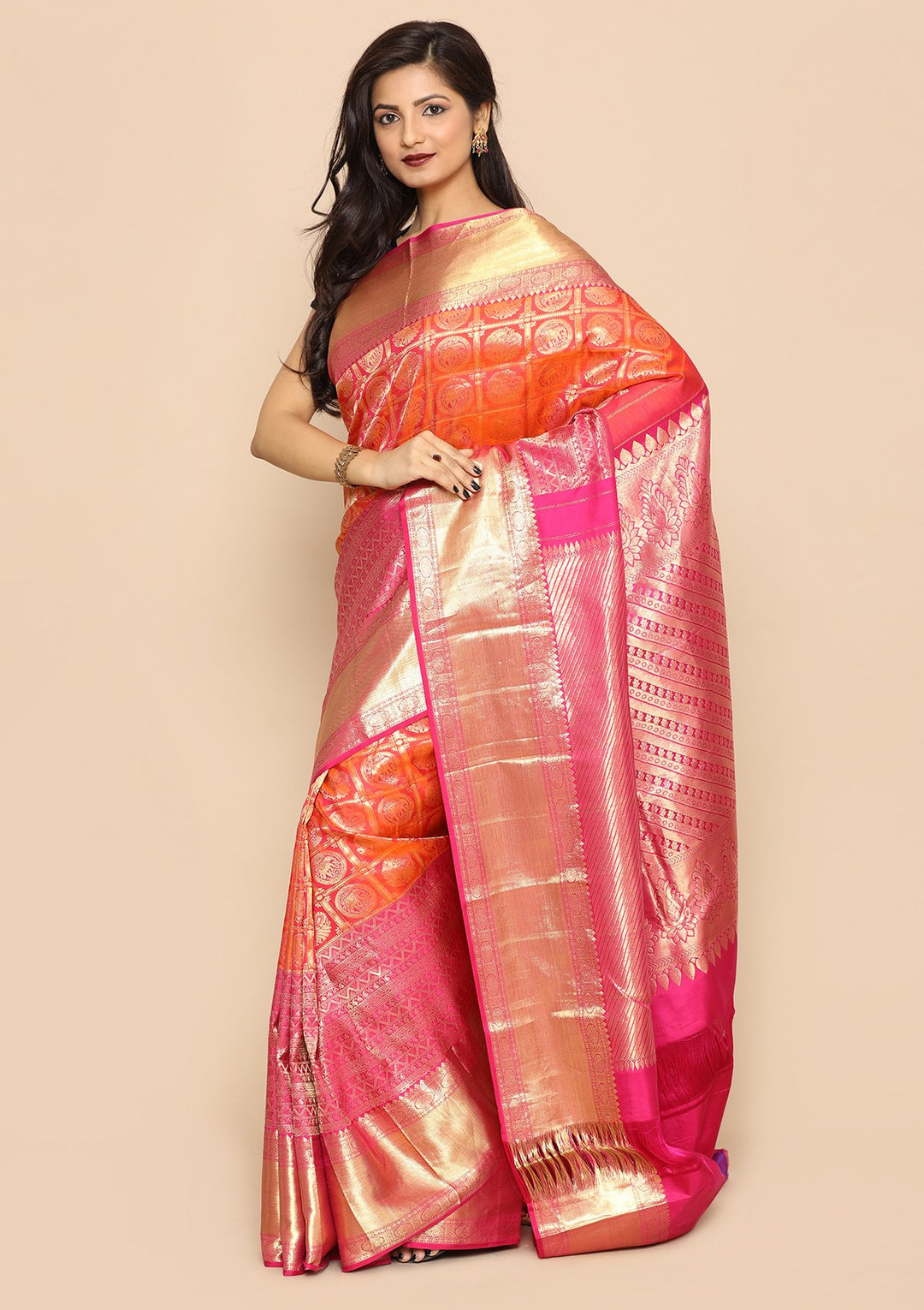 Orange and Pink Colorshot Handmade Saree-Koskii
