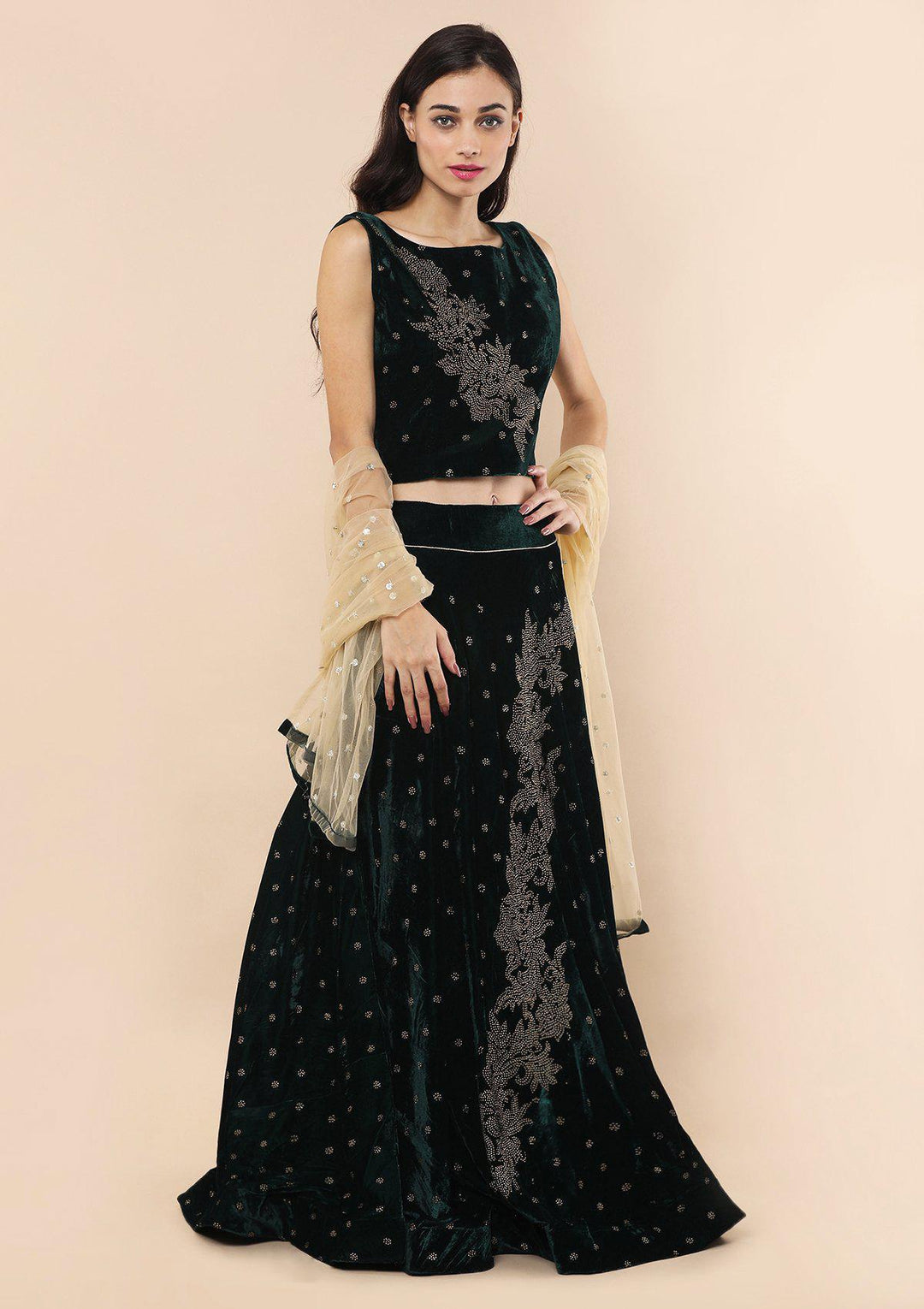 Bottle Green Sequinned Velvet Designer Lehenga-Koskii