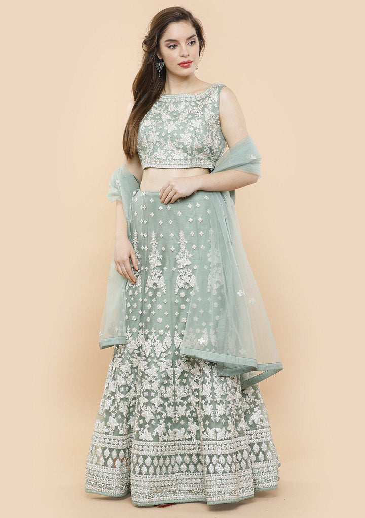 Teal Green Threadwork Net Designer Lehenga-Koskii