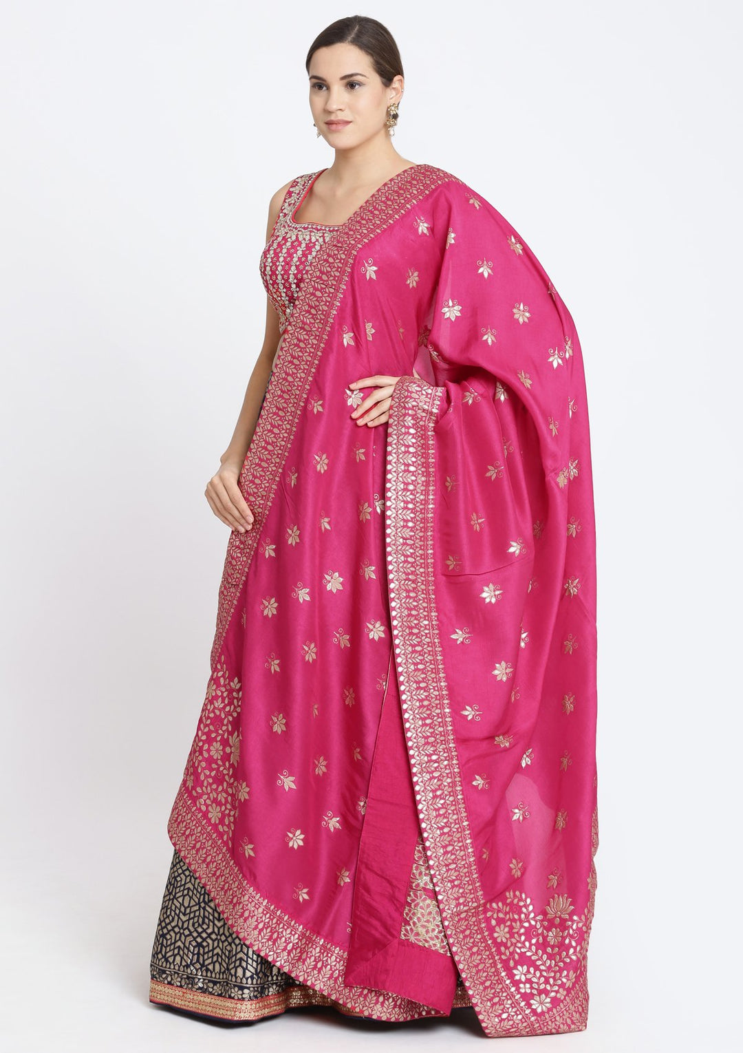Navy Blue and Fuschia Gotapatti Brocade Designer Lehenga-Koskii