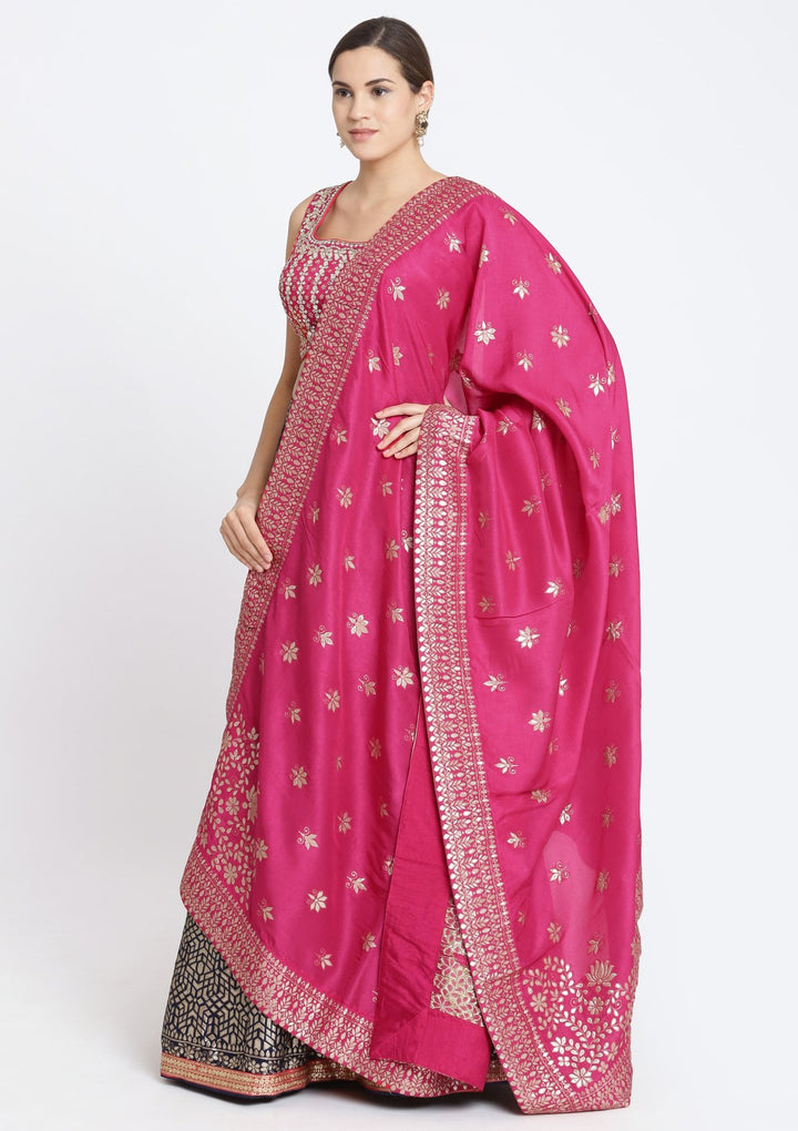 Navy Blue and Fuschia Gotapatti Brocade Designer Lehenga-Koskii