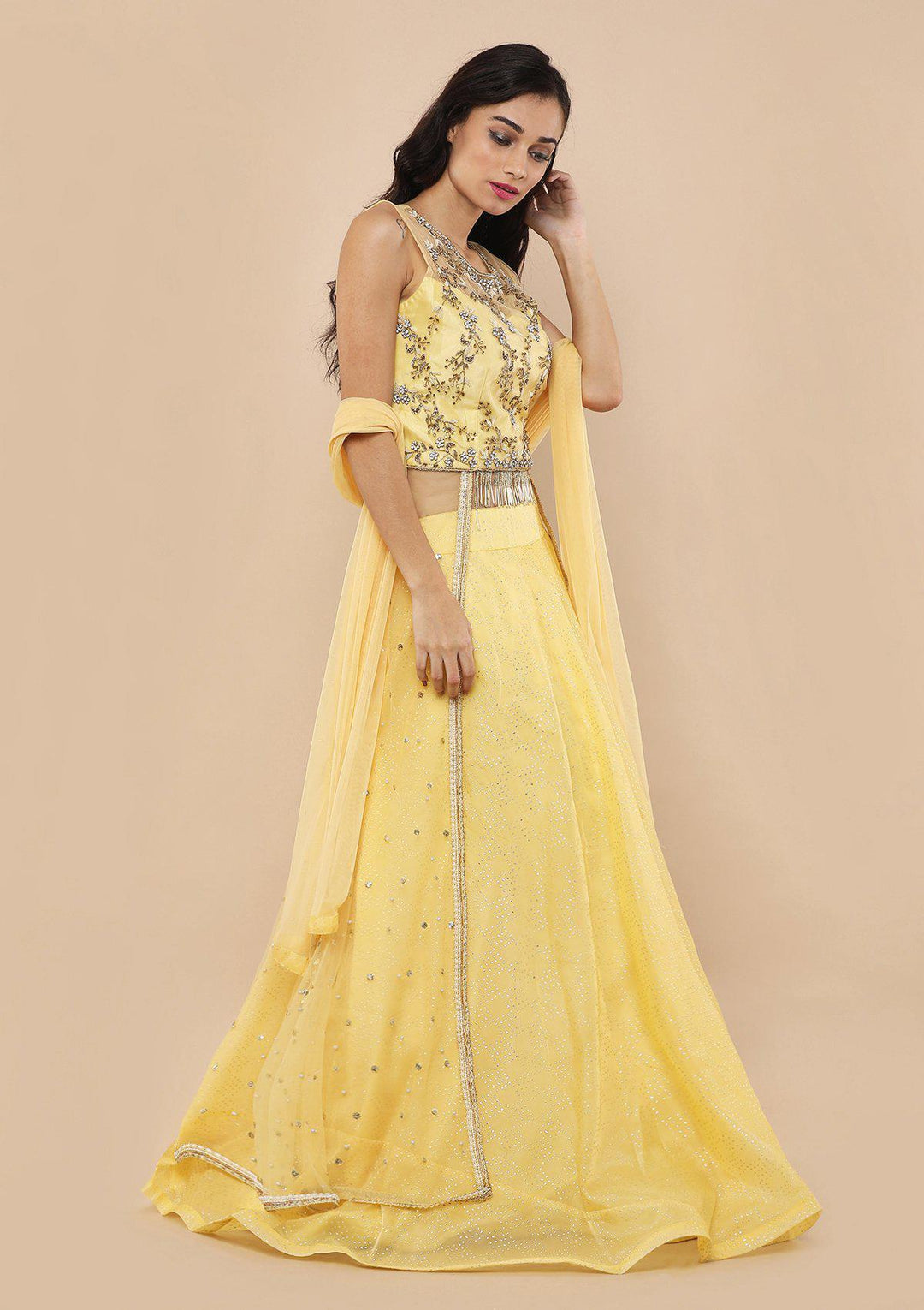 Melon Yellow Stone Work Silk Designer Lehenga-Koskii