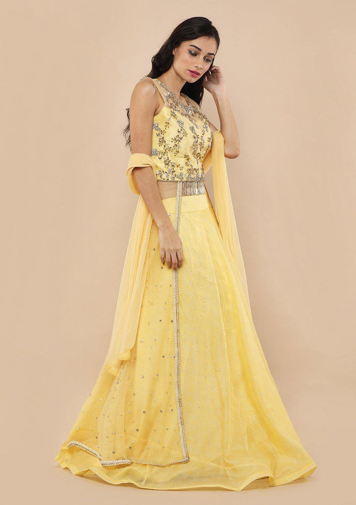 Melon Yellow Stone Work Silk Designer Lehenga-Koskii