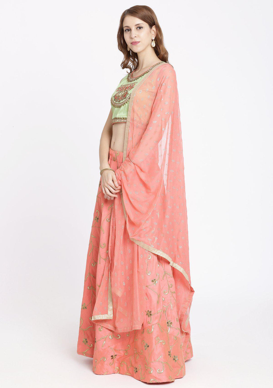 Baby Pink Mirrorwork Rawsilk Designer Lehenga-Koskii